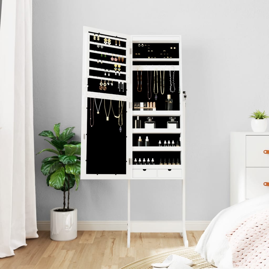 Armoire à bijoux miroir avec lumières LED sur pied blanc