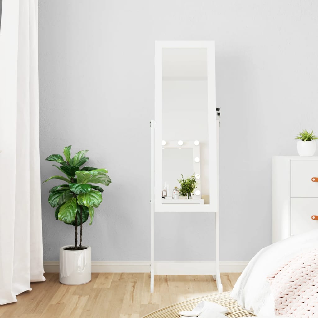 Armoire à bijoux miroir avec lumières LED sur pied blanc