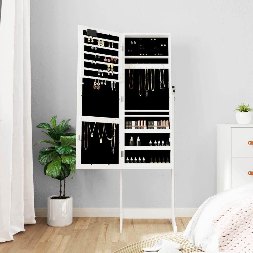 Armoire à bijoux miroir avec lumières LED sur pied blanc