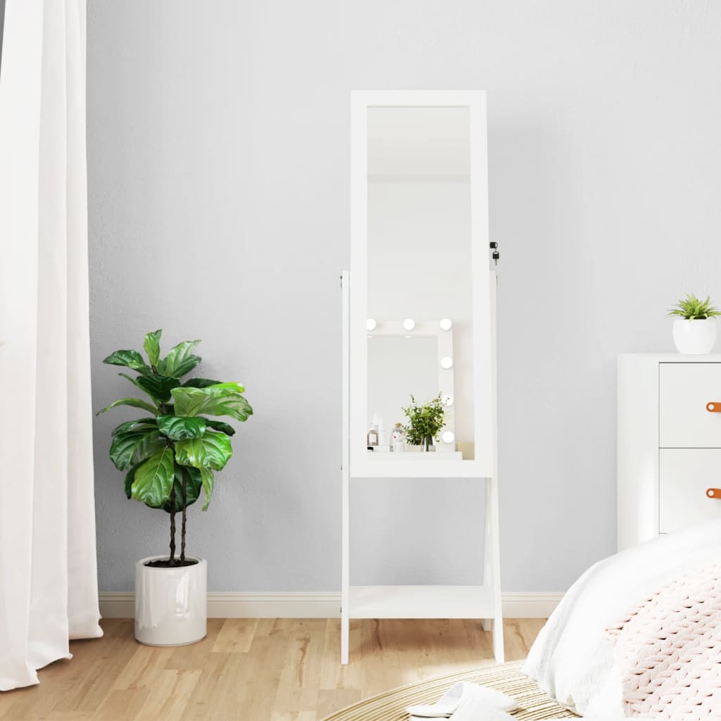 Armoire à bijoux miroir avec lumières LED sur pied blanc