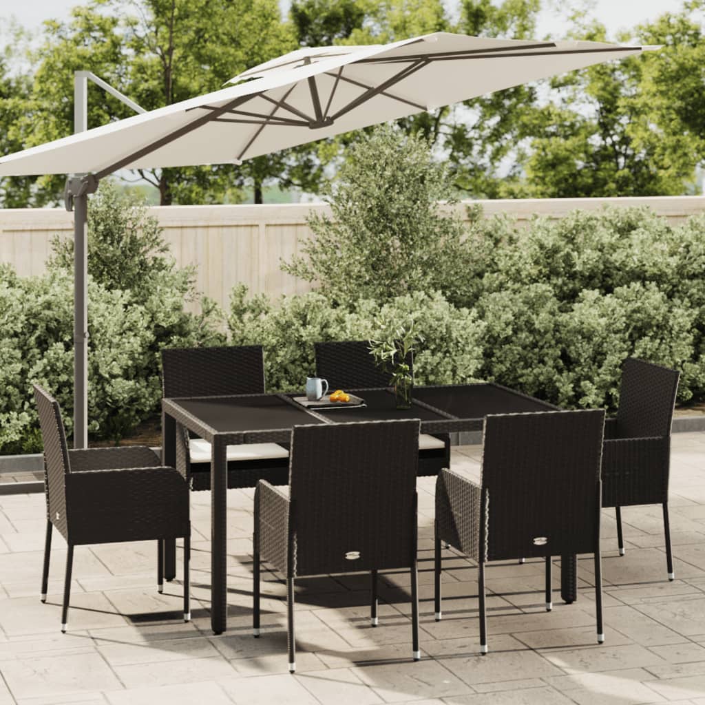 Ensemble à manger de jardin coussins 7pcs Noir Résine tressée