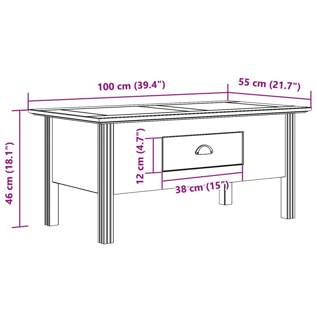 Table basse BODO blanc 100x55x46 cm bois de pin massif