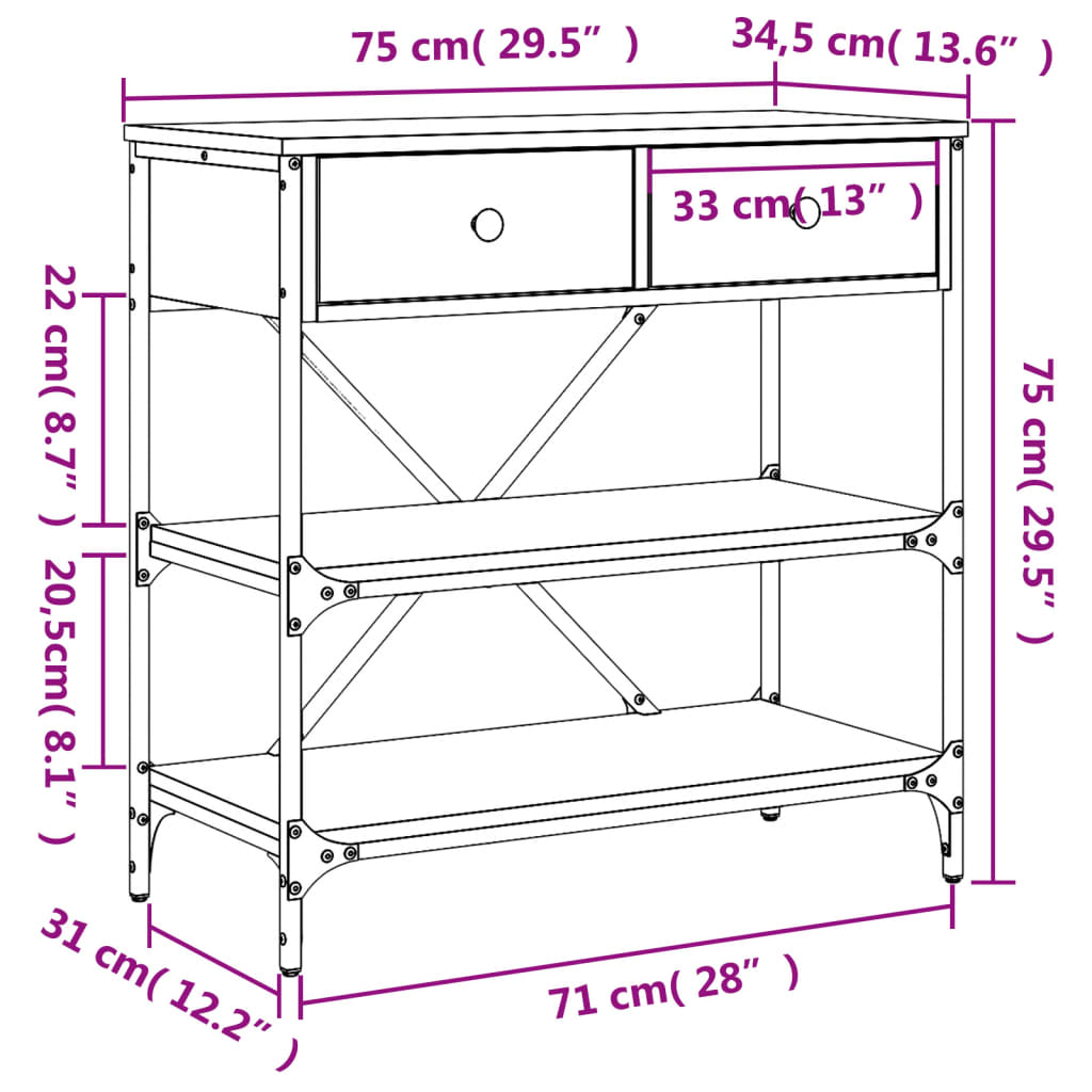 Table console chêne fumé 75x34,5x75 cm bois d'ingénierie