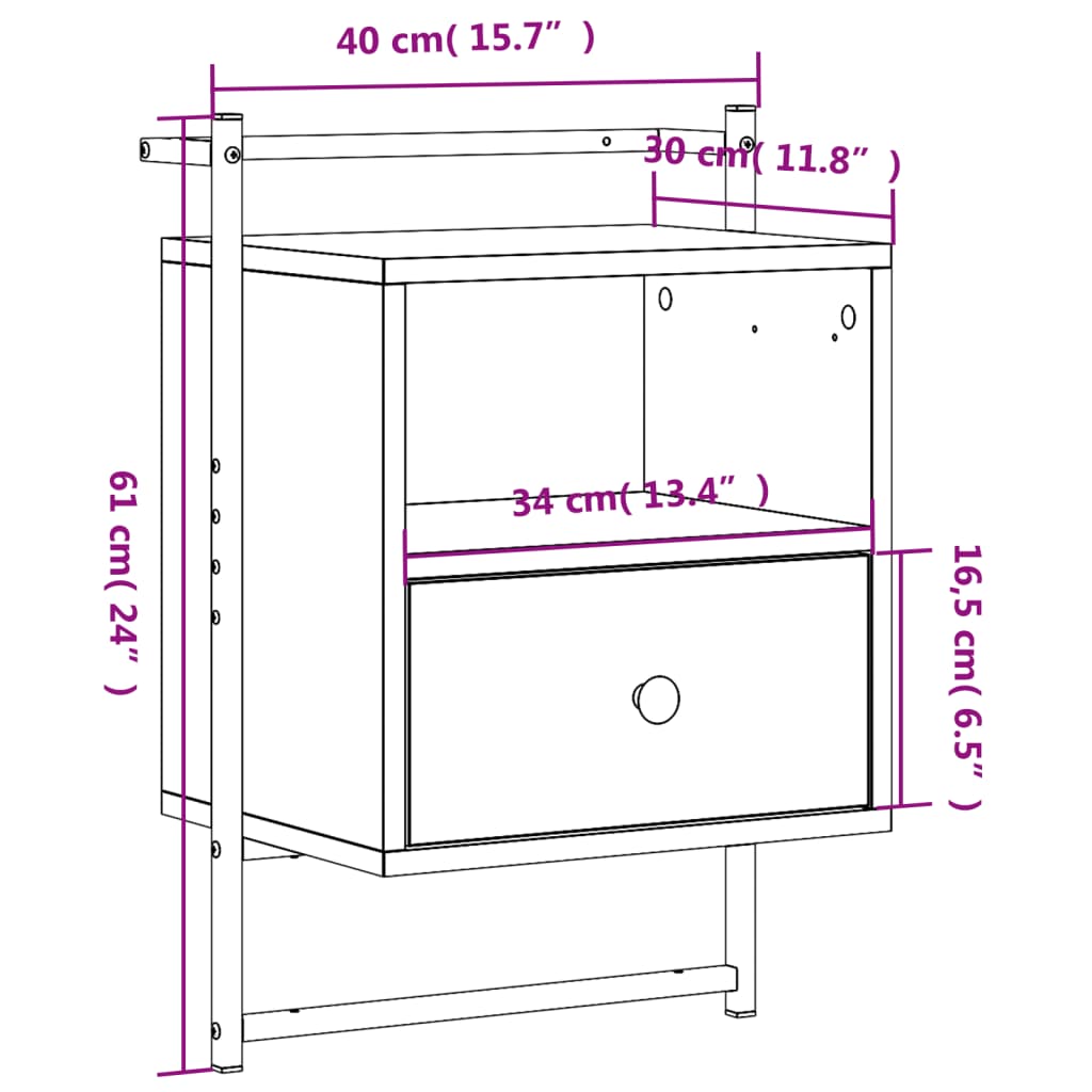 Table de chevet murale chêne fumé 40x30x61 cm bois d'ingénierie