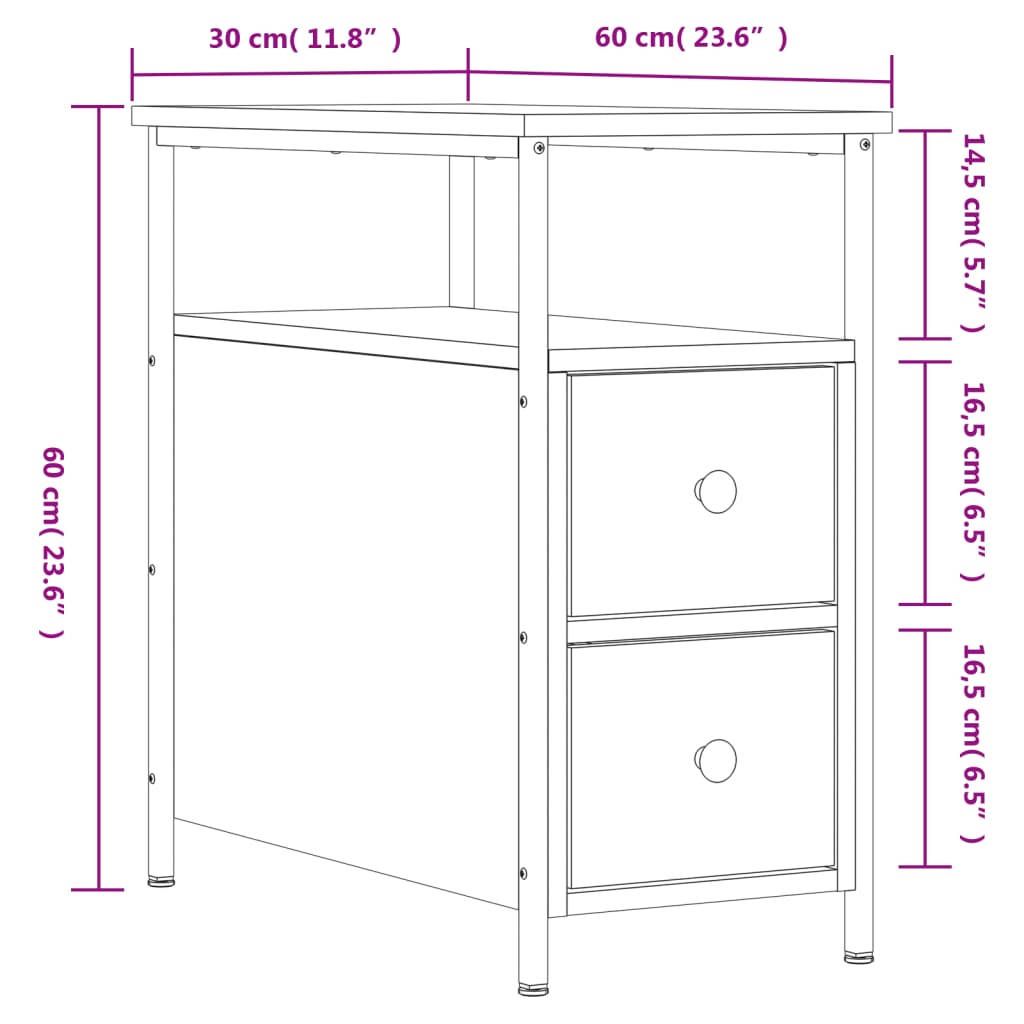 Table de chevet chêne fumé 30x60x60 cm bois d'ingénierie