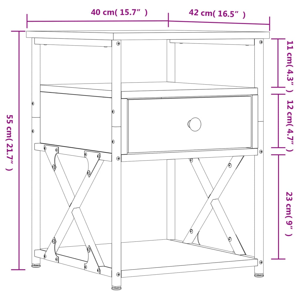 Table de chevet chêne fumé 40x42x55 cm bois d'ingénierie