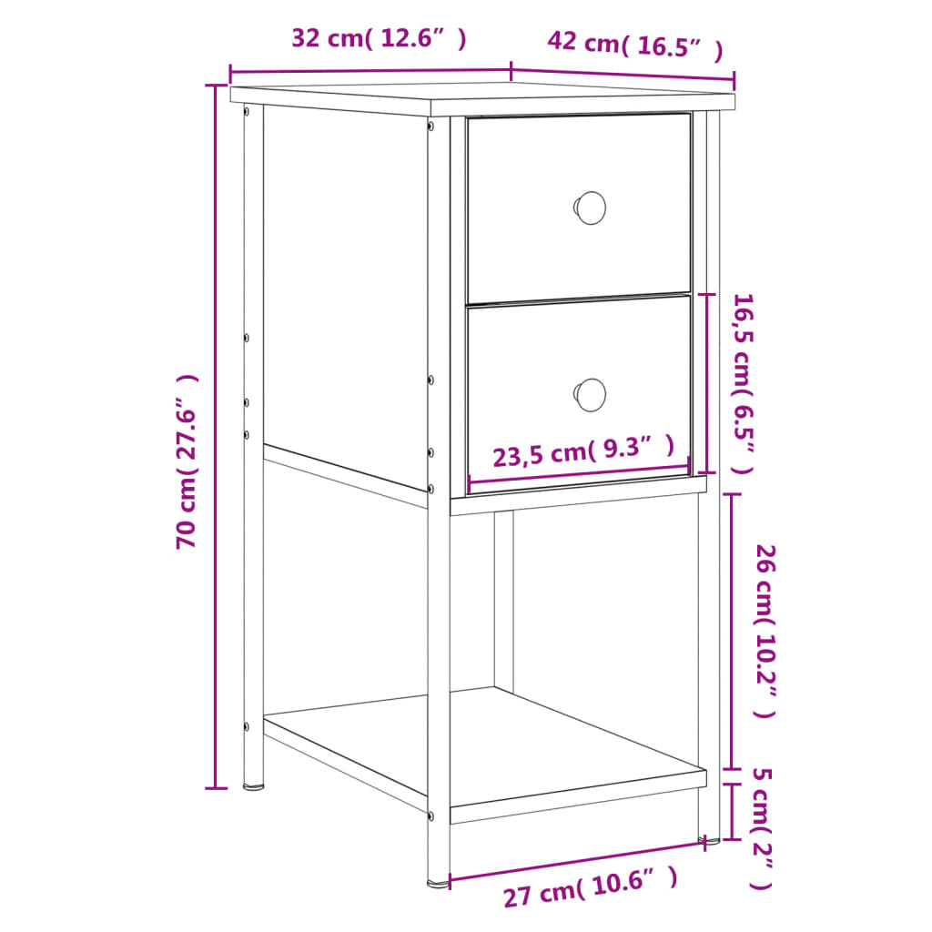 Table de chevet chêne fumé 32x42x70 cm bois d'ingénierie