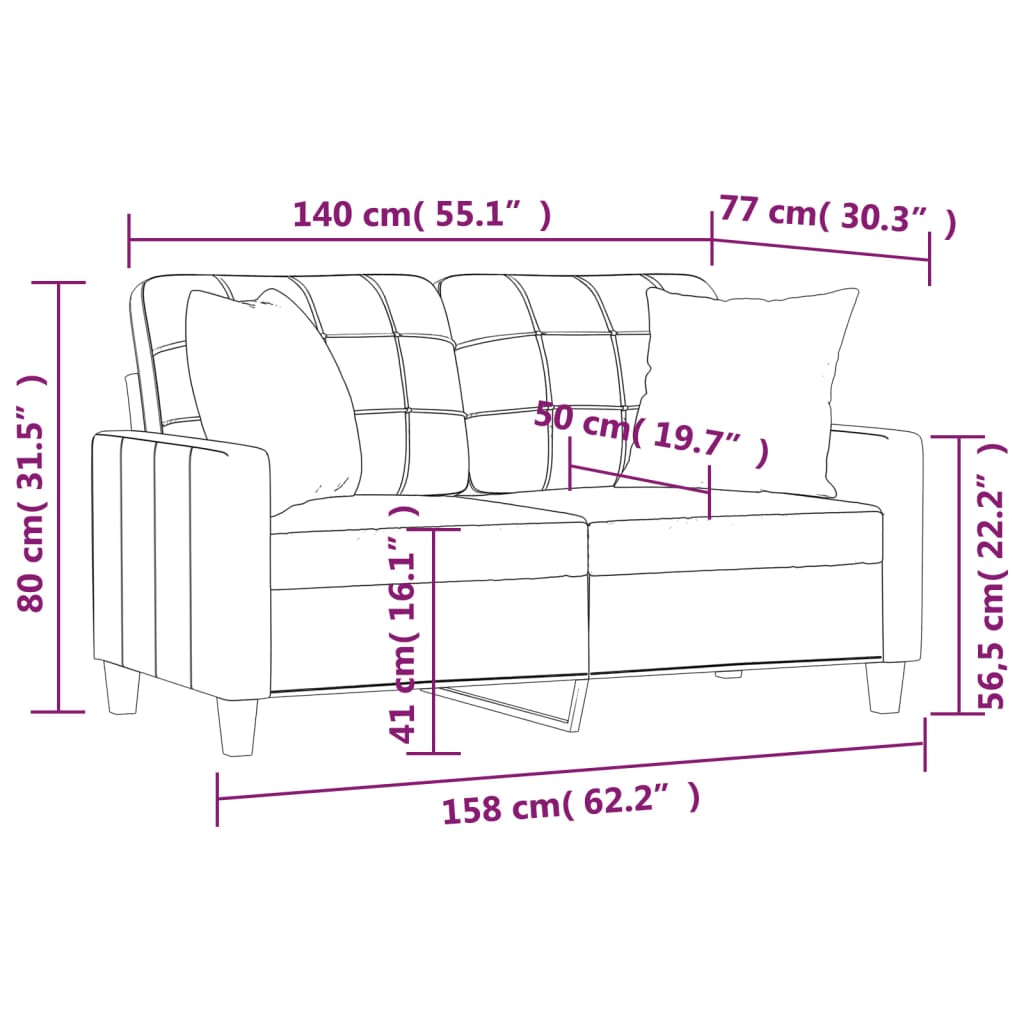 Canapé 2 places avec oreillers décoratifs gris 140cm similicuir