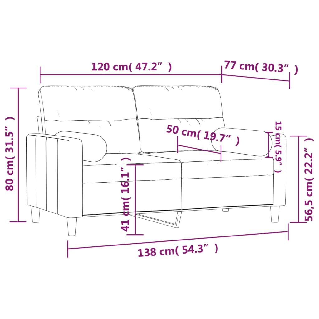 Canapé 2 places avec oreillers bordeaux 120 cm tissu