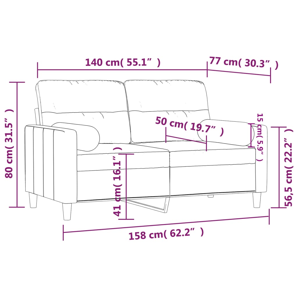 Canapé 2 places avec oreillers décoratifs crème 140 cm tissu