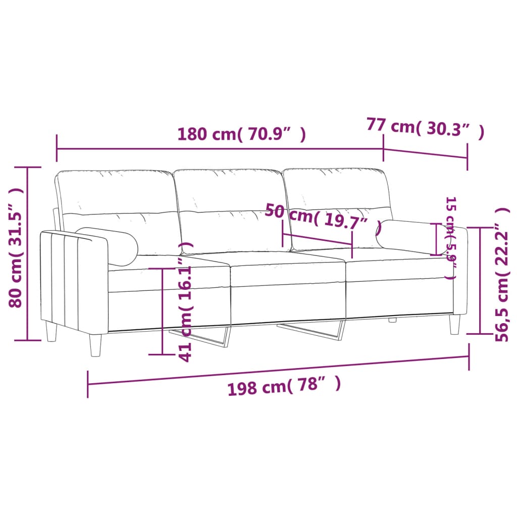 Canapé 3 places avec oreillers gris clair 180 cm tissu