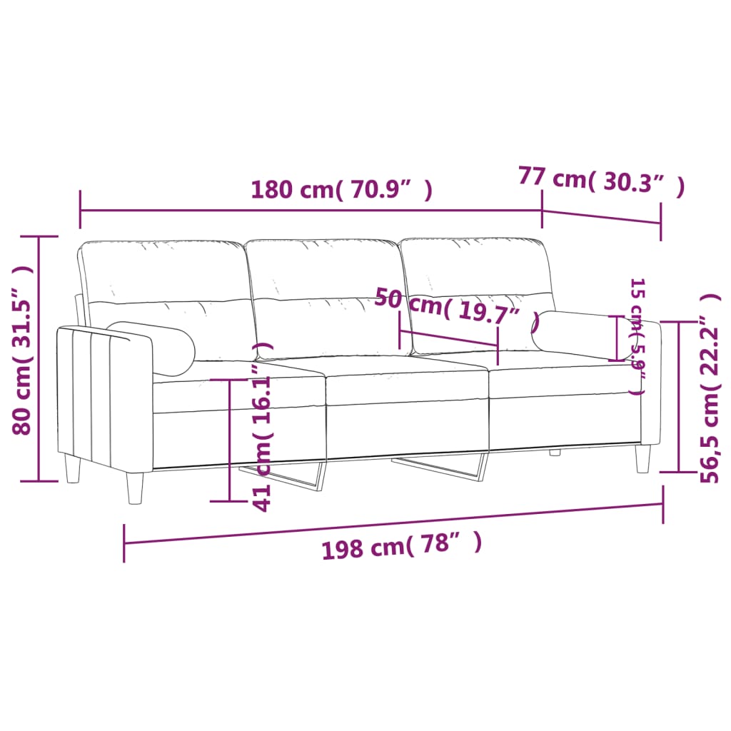 Canapé 3 places avec oreillers décoratifs crème 180 cm tissu