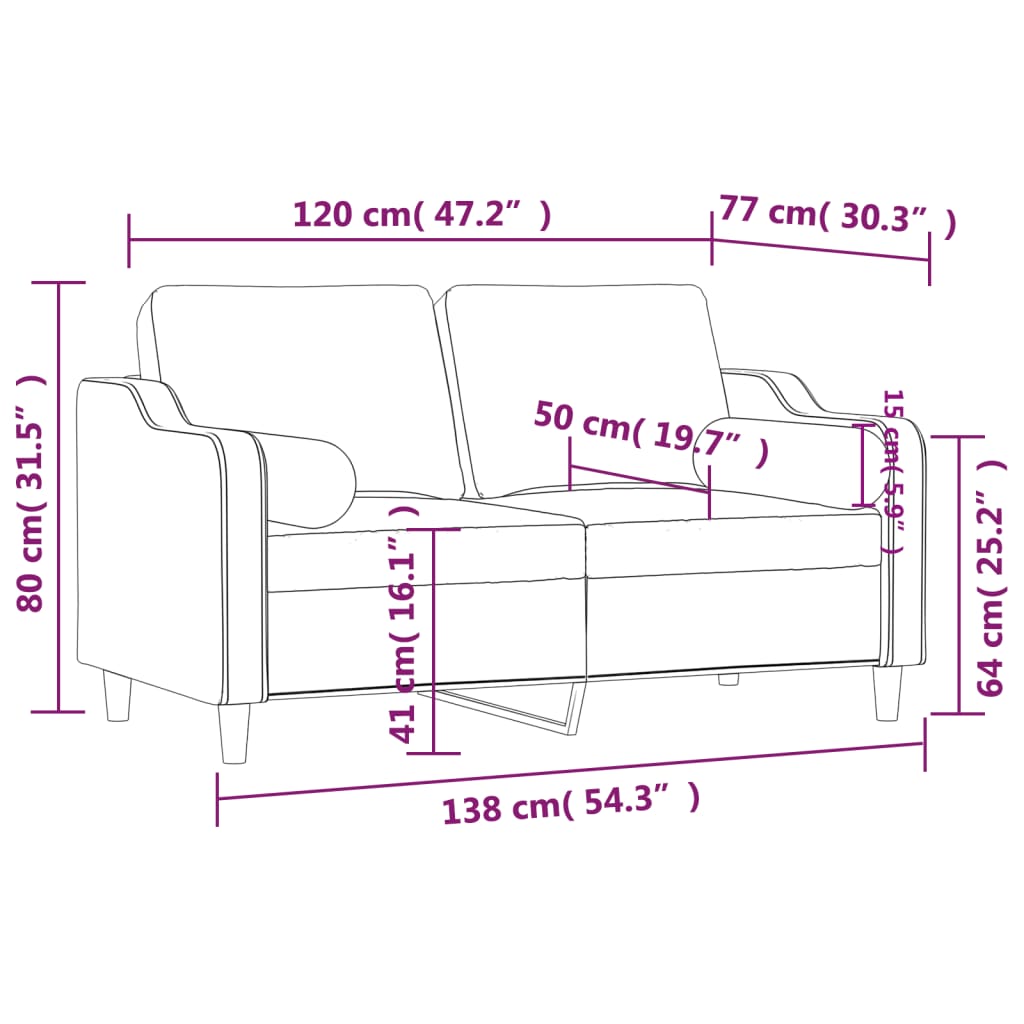 Canapé 2 places avec oreillers bordeaux 120 cm tissu