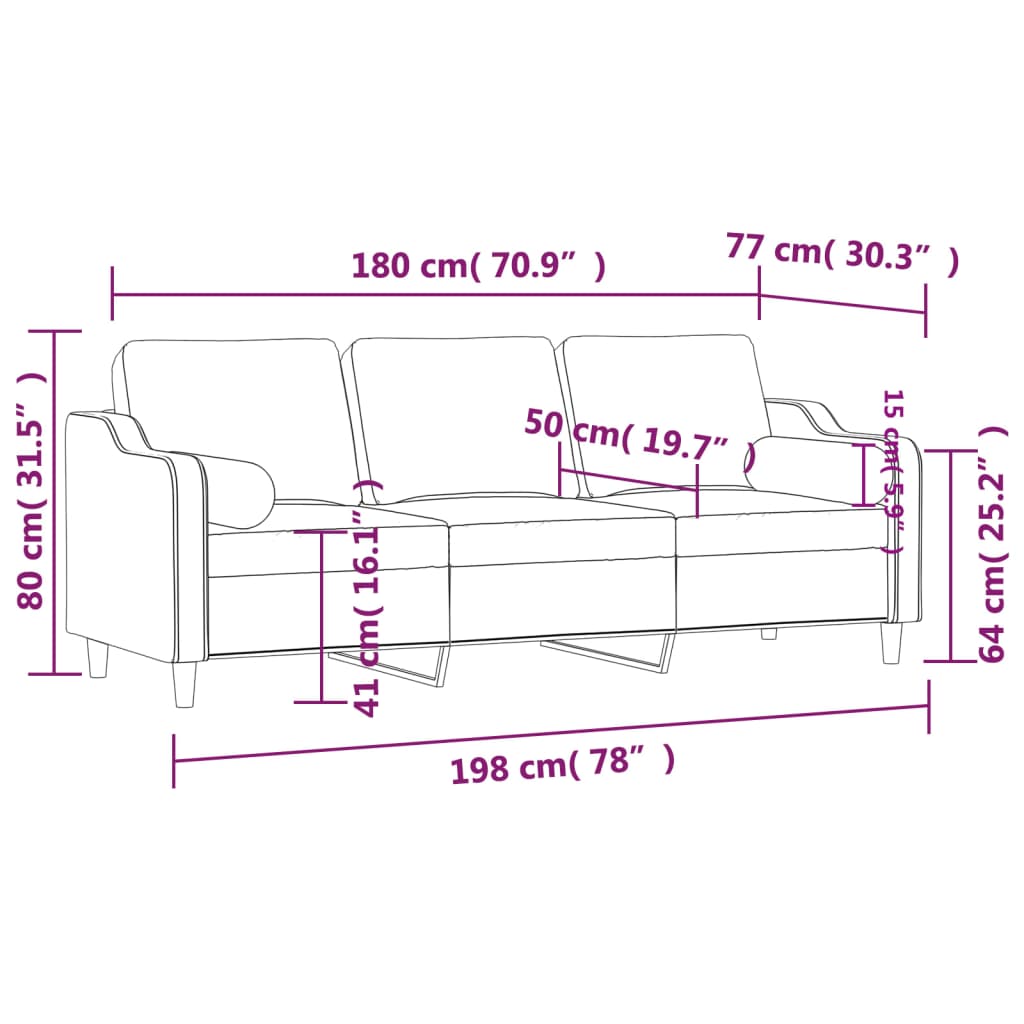 Canapé 3 places avec oreillers décoratifs taupe 180 cm tissu