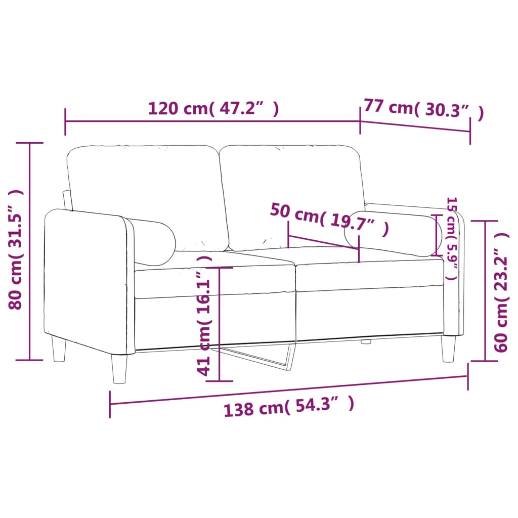 Canapé 2 places avec oreillers bordeaux 120 cm velours