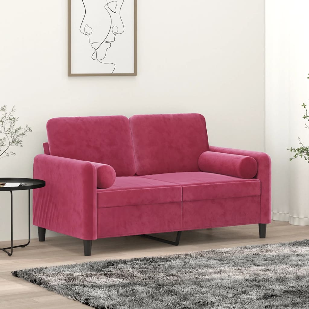 Canapé 2 places avec oreillers bordeaux 120 cm velours