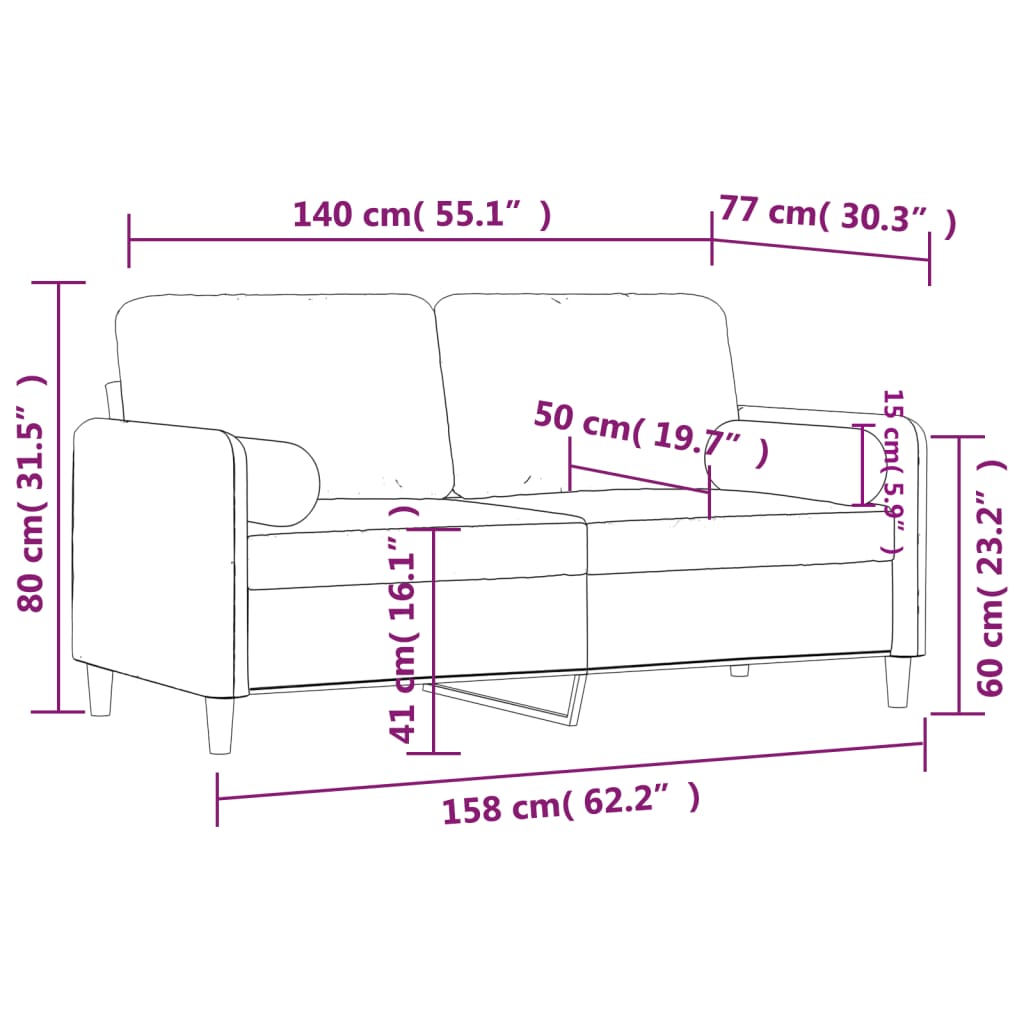 Canapé 2 places avec oreillers décoratifs rose 140 cm velours