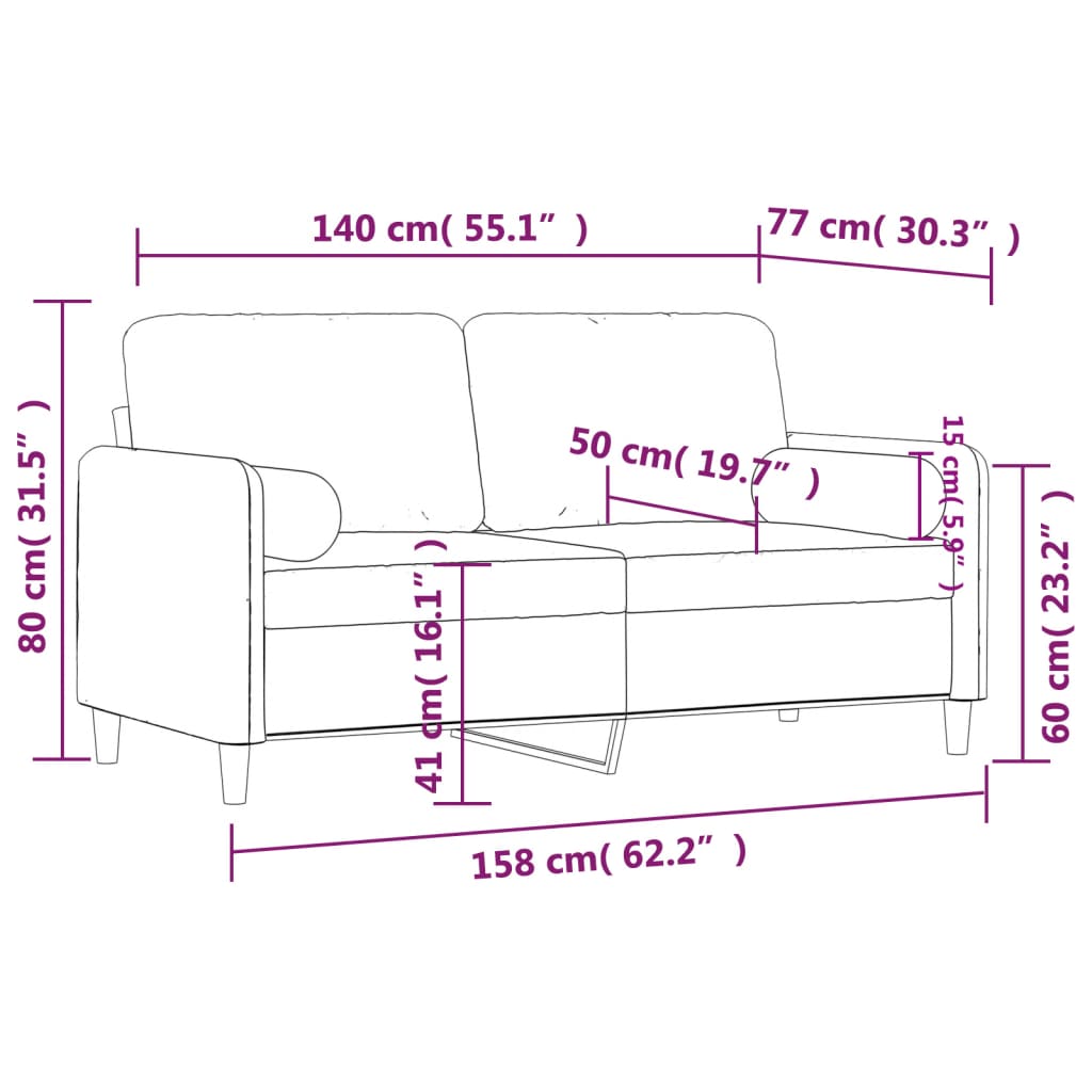 Canapé 2 places avec oreillers décoratifs bleu 140 cm velours