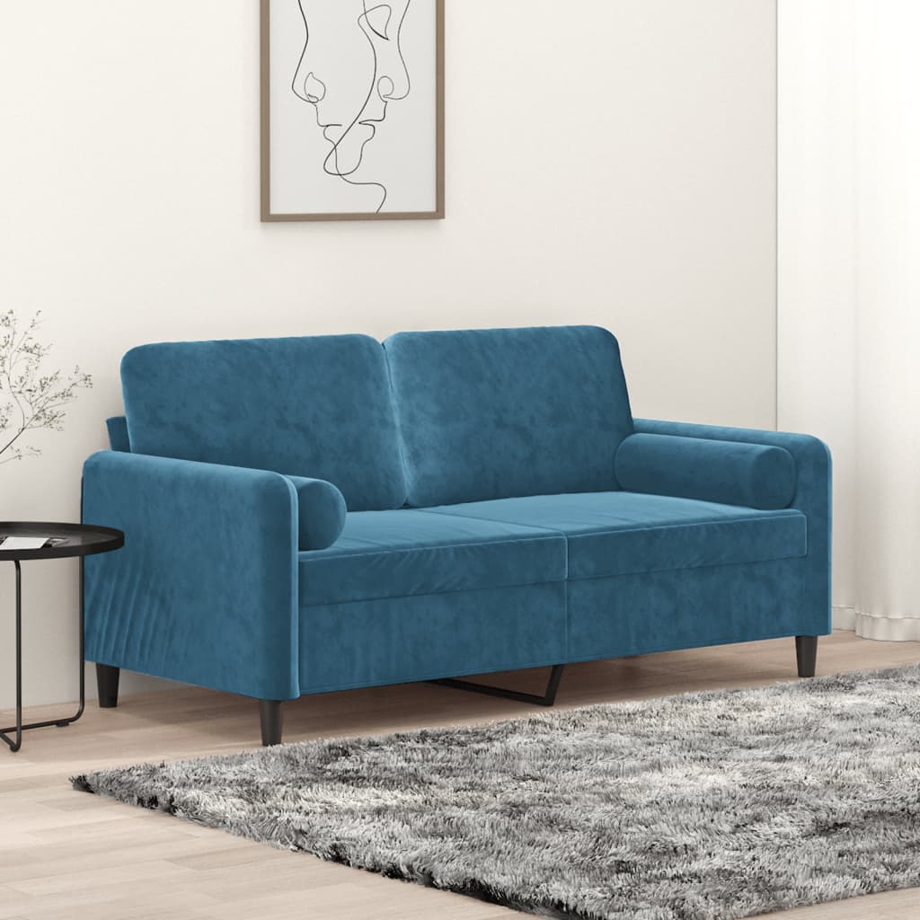 Canapé 2 places avec oreillers décoratifs bleu 140 cm velours