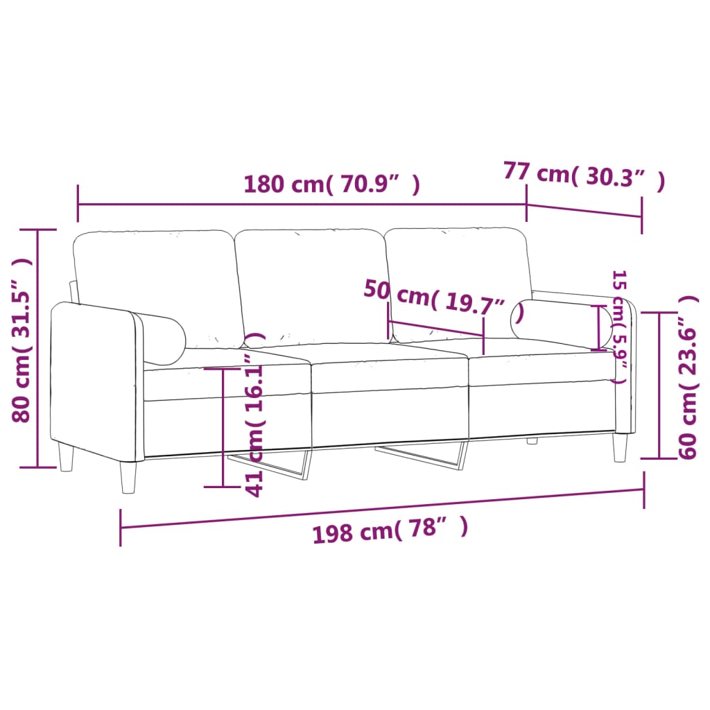 Canapé 3 places avec oreillers décoratifs rose 180 cm velours