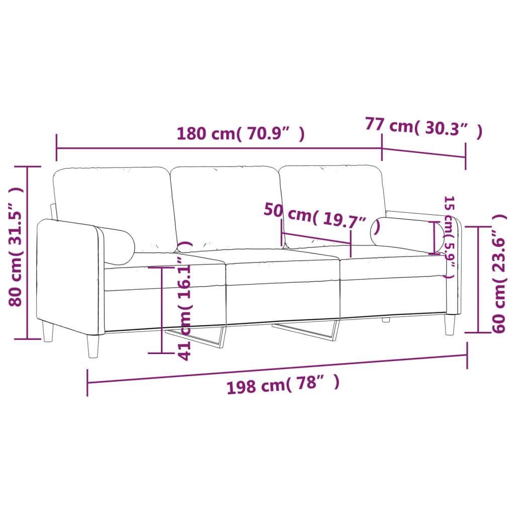 Canapé 3 places avec oreillers bordeaux 180 cm velours