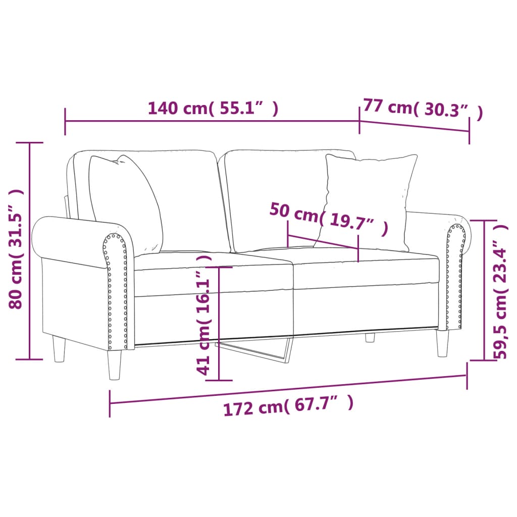 Canapé 2 places avec oreillers bordeaux 140 cm velours