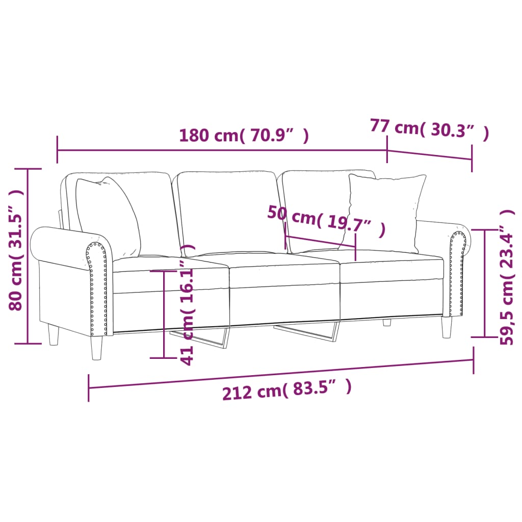 Canapé 3 places avec oreillers décoratifs noir 180 cm velours