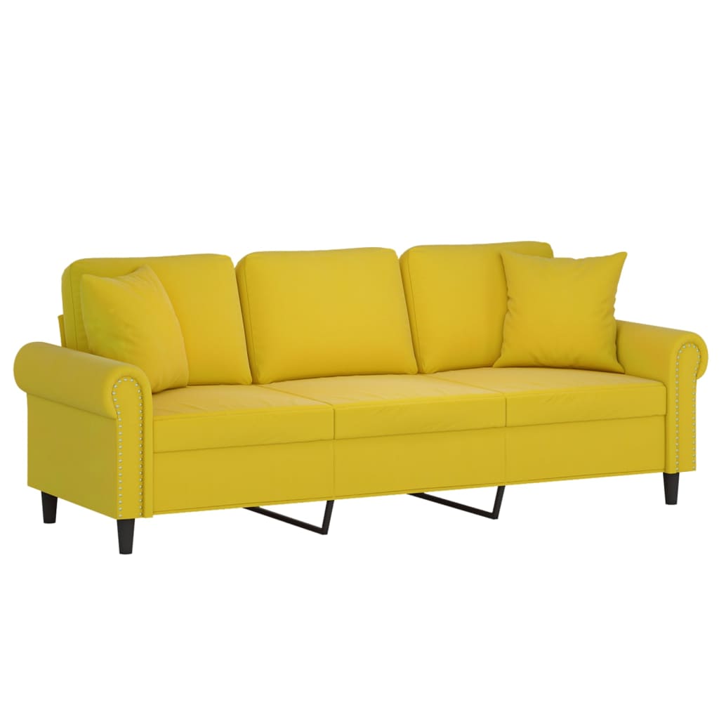 Canapé 3 places avec oreillers décoratifs jaune 180 cm velours