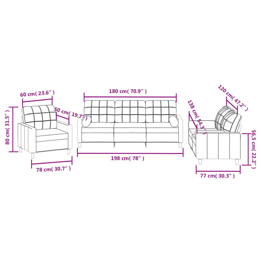 Ensemble de canapés 3 pcs avec coussins taupe tissu