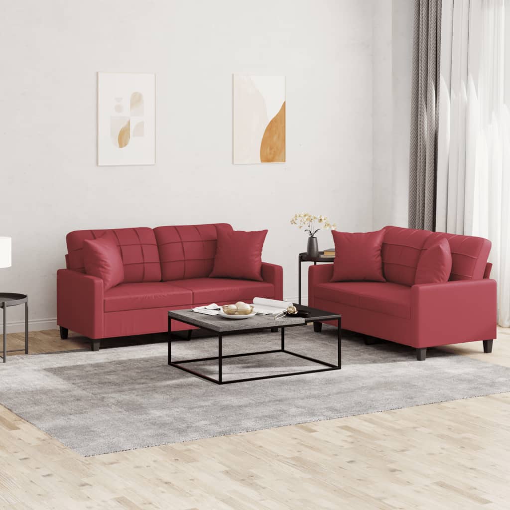 Ensemble de canapés 2 pcs et coussins rouge bordeaux similicuir