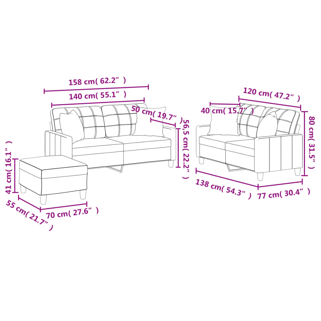 Ensemble de canapés 3 pcs avec coussins gris similicuir