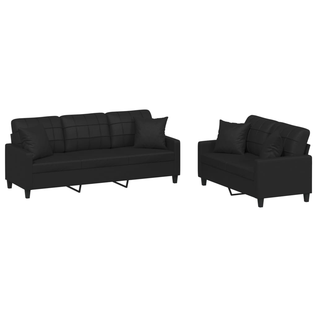 Ensemble de canapés 2 pcs avec coussins noir similicuir