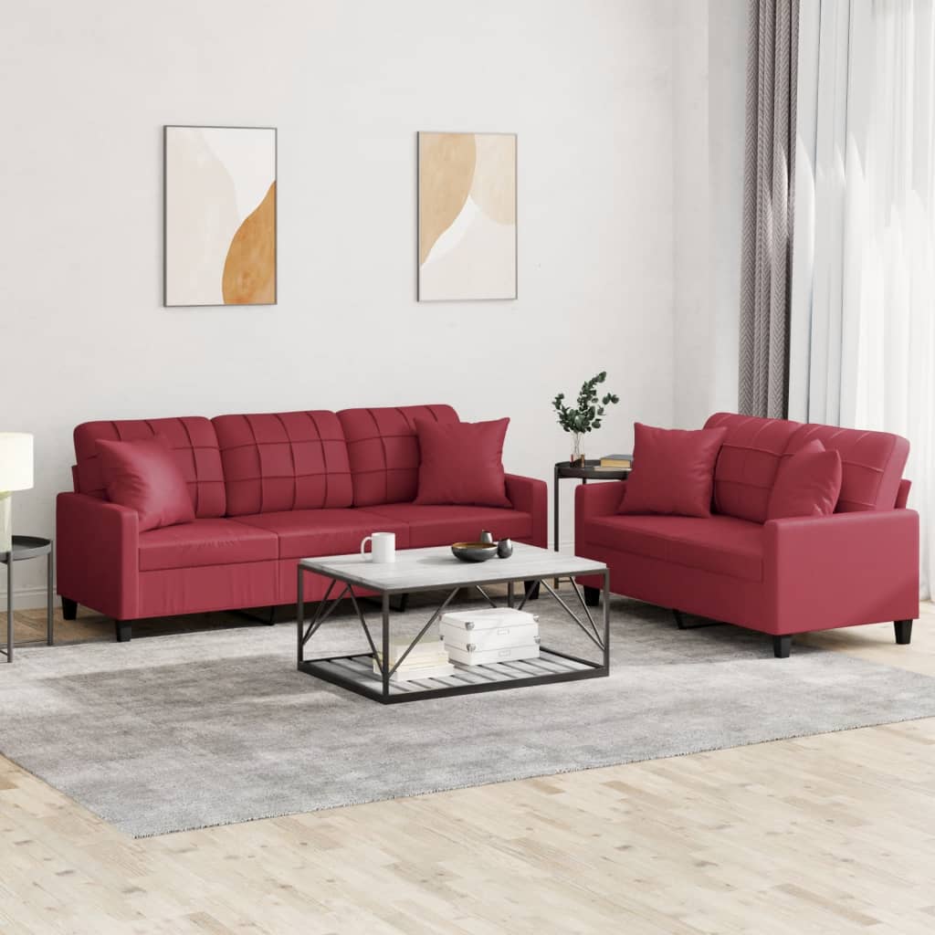 Ensemble de canapés 2 pcs et coussins rouge bordeaux similicuir