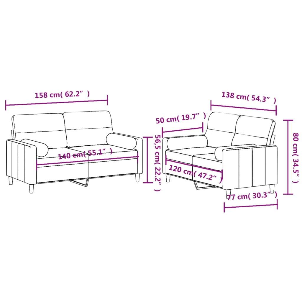 Ensemble de canapés 2 pcs coussins gris clair tissu