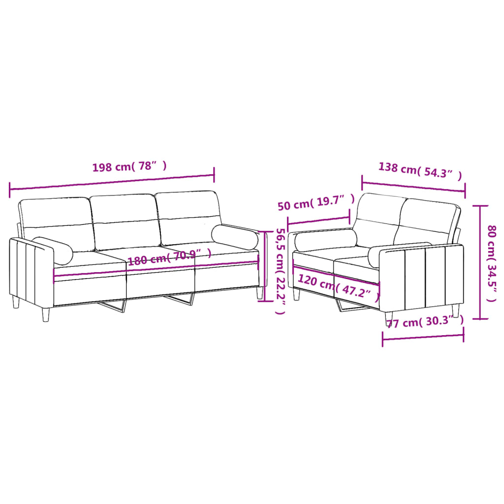 Ensemble de canapés 2 pcs avec coussins crème tissu