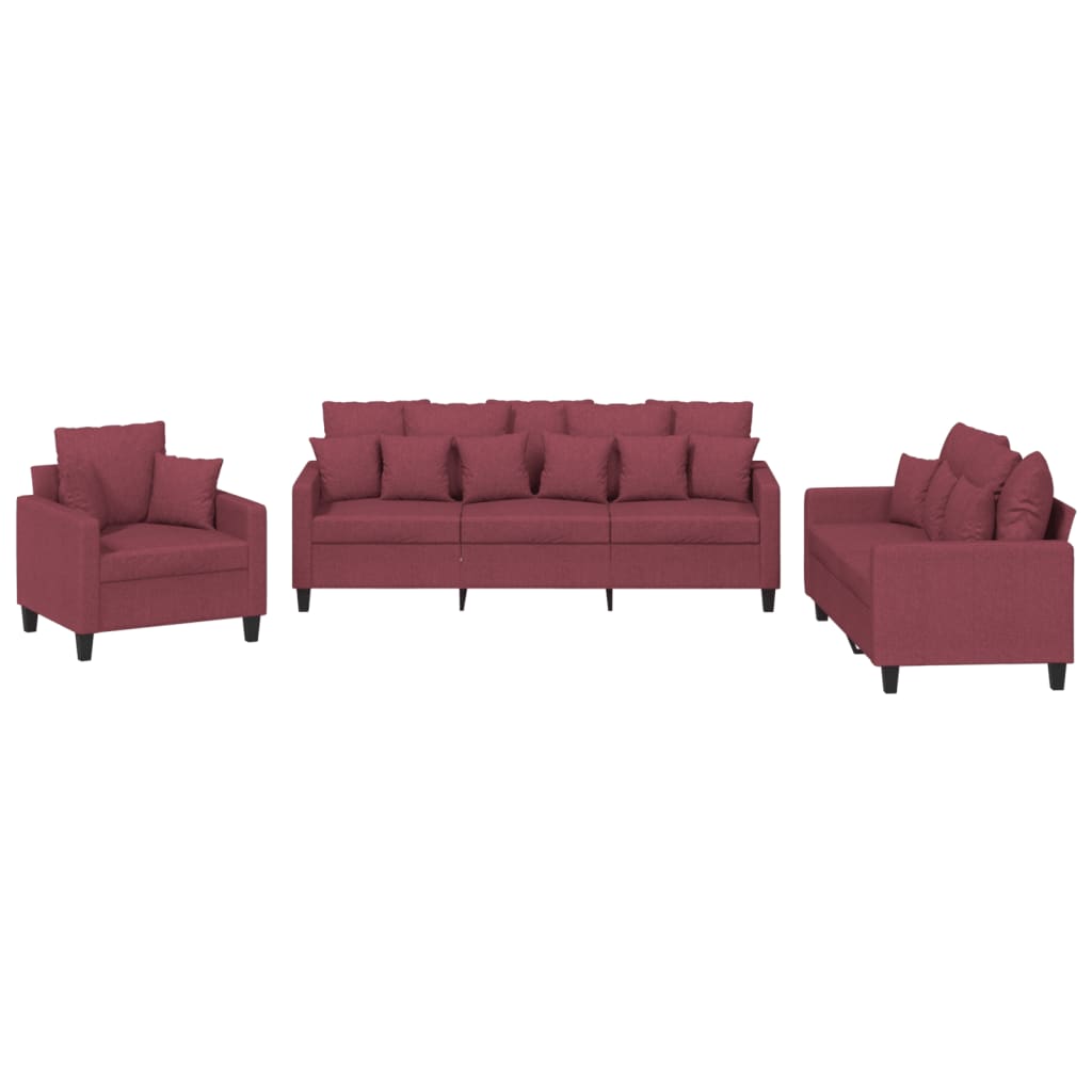 Ensemble de canapés 3 pcs avec coussins rouge bordeaux tissu