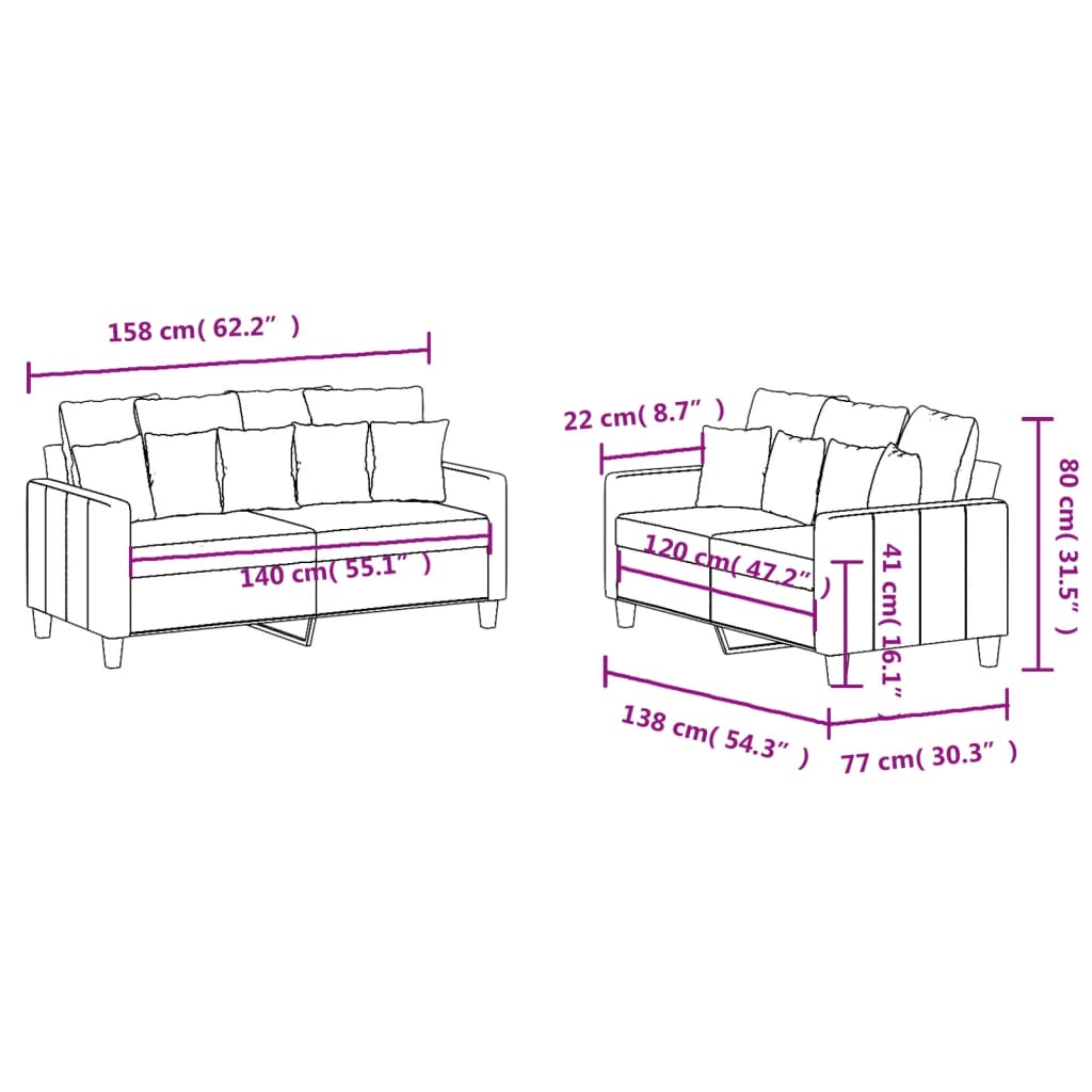 Ensemble de canapés 2 pcs avec coussins Gris clair Tissu