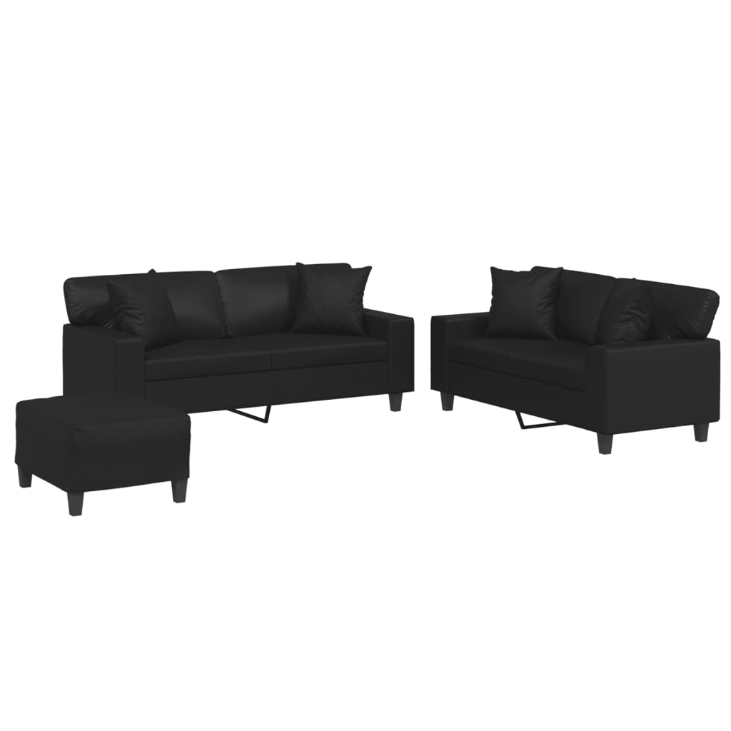 Ensemble de canapés 3 pcs avec coussins noir similicuir