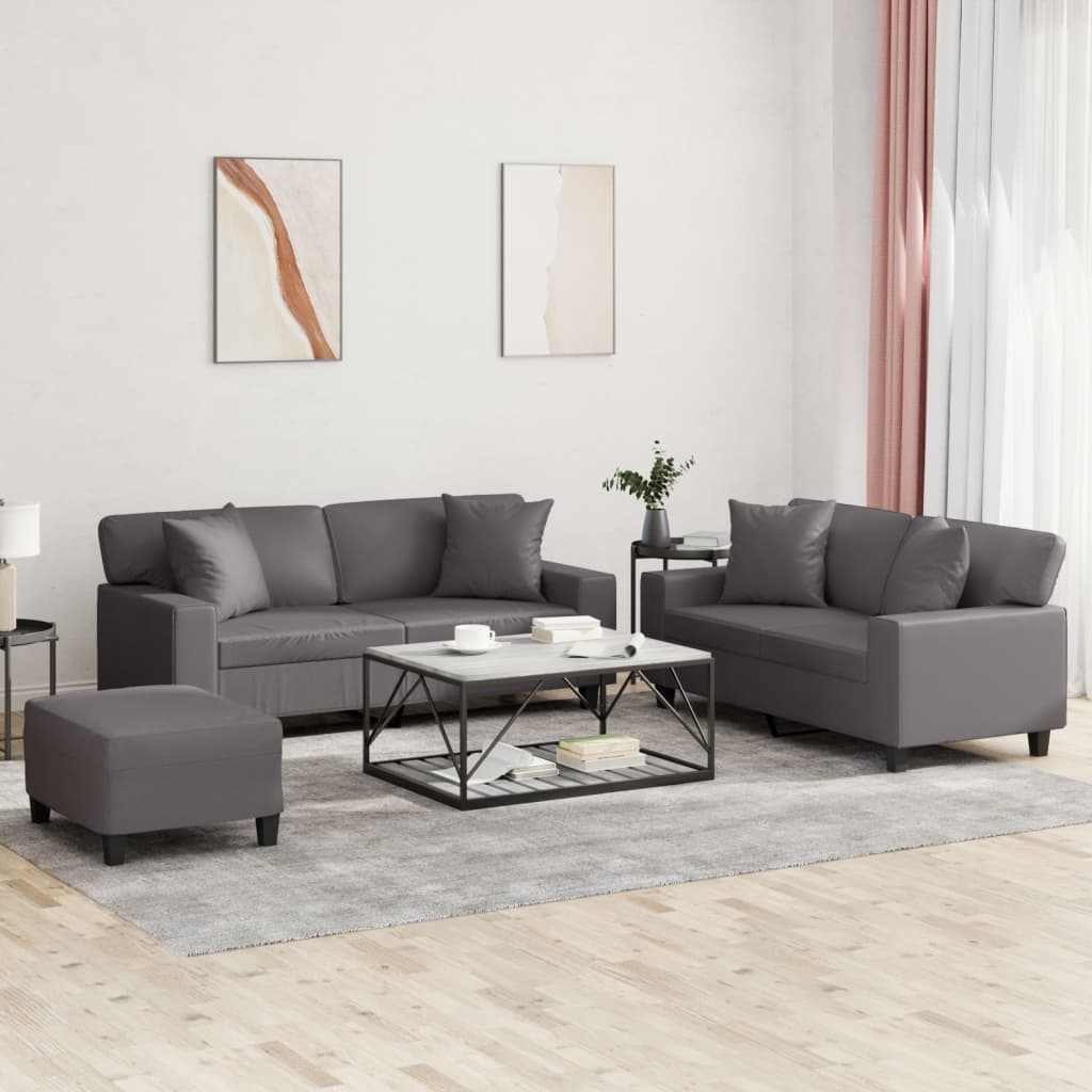 Ensemble de canapés 3 pcs avec coussins gris similicuir