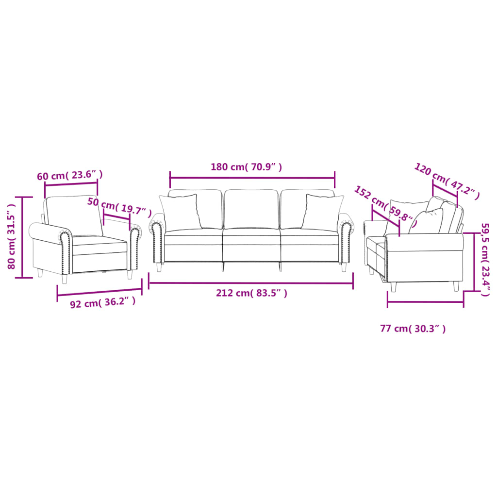 Ensemble de canapés 3 pcs avec coussins noir velours