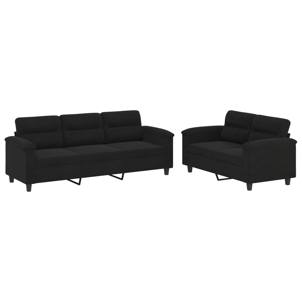 Ensemble de canapés 2 pcs avec coussins noir tissu microfibre