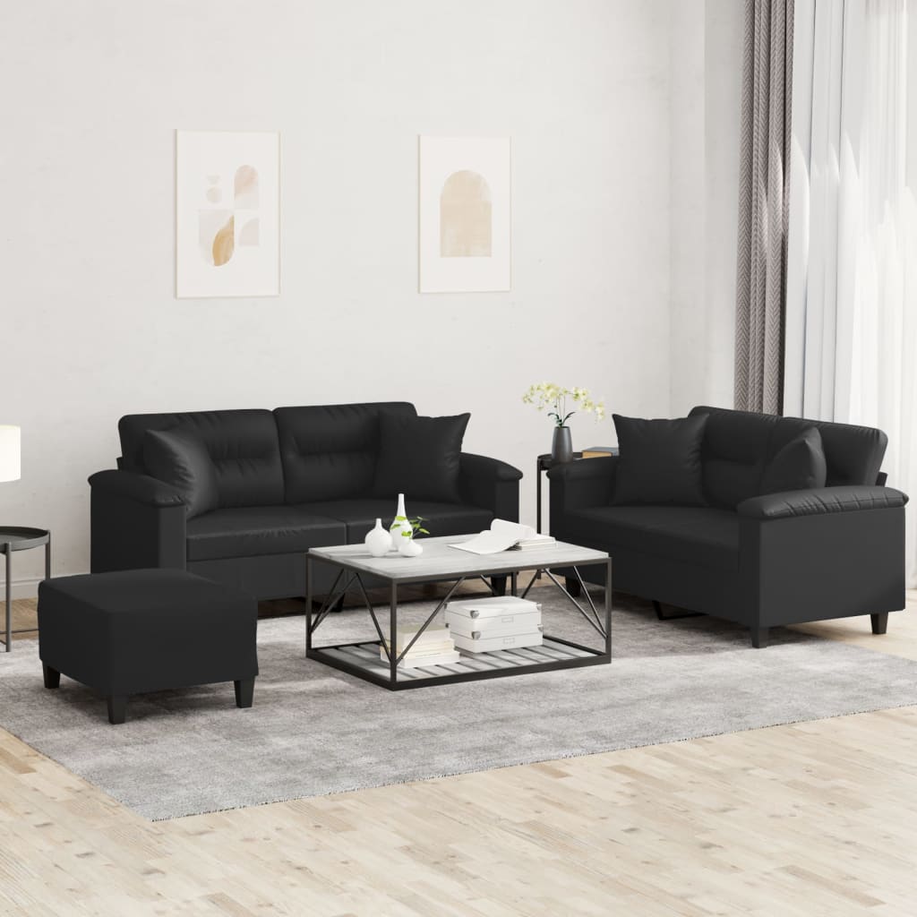 Ensemble de canapés 3 pcs avec coussins noir similicuir