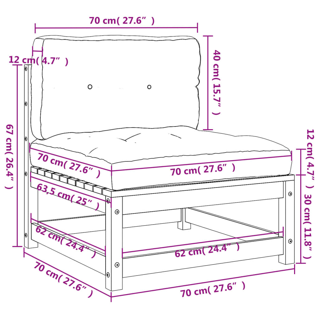 Canapés de jardin sans accoudoirs coussins 2pcs bois massif pin