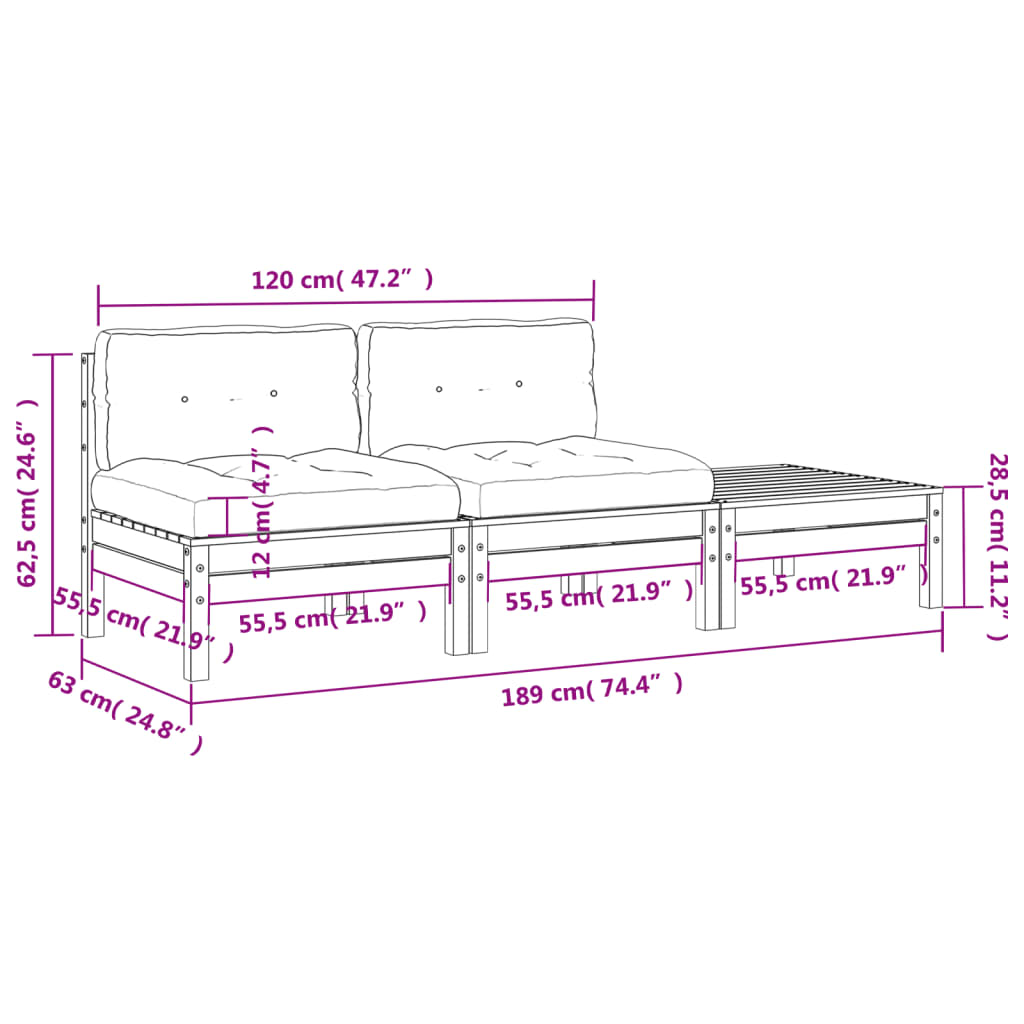 Canapé de jardin avec coussins et repose-pied 2 places