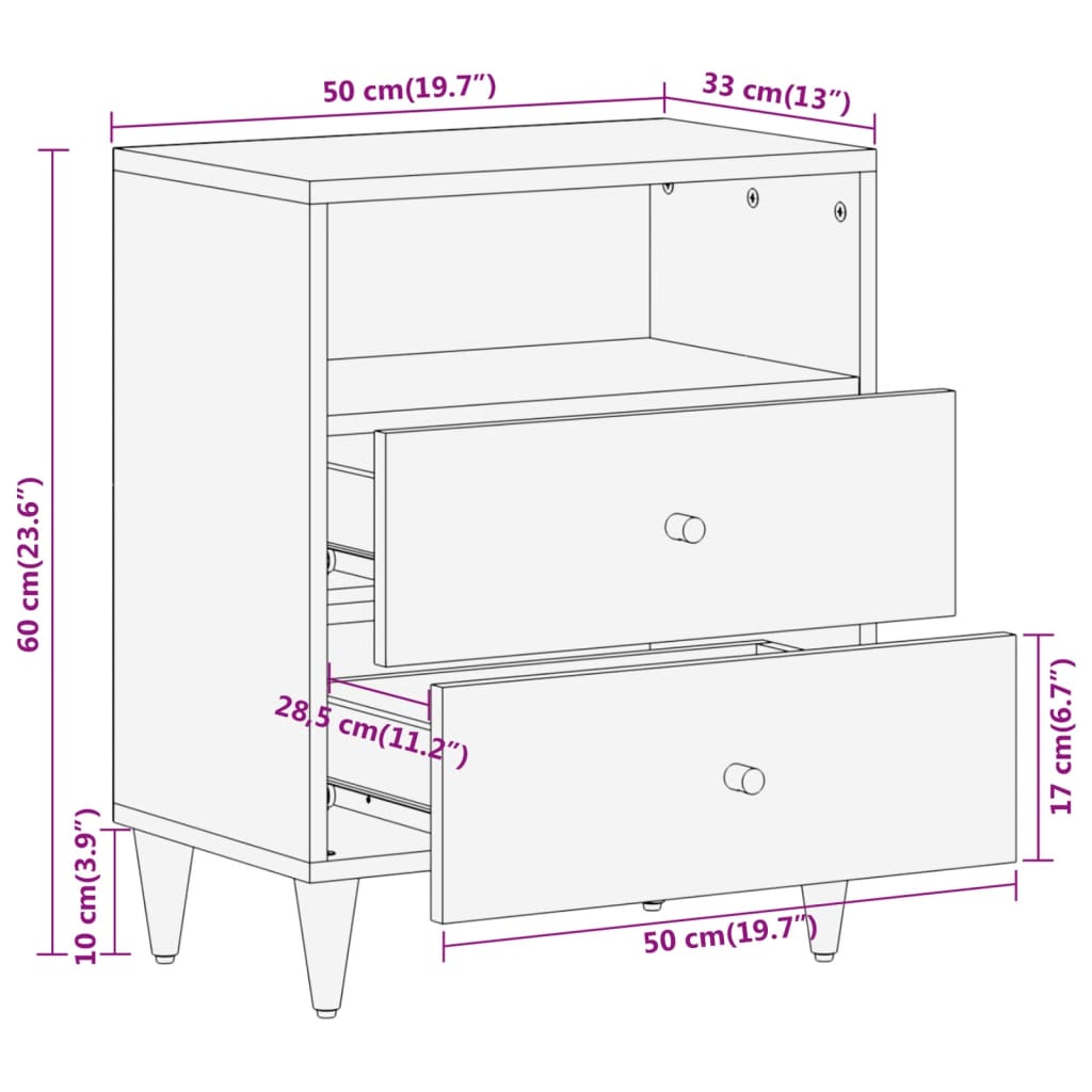 Table de chevet 50x33x60 cm bois de manguier massif