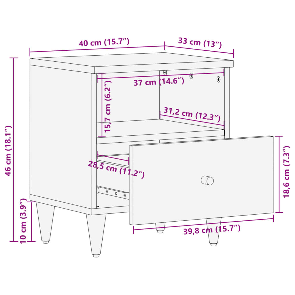 Table de chevet 40x33x46 cm Bois de manguier solide