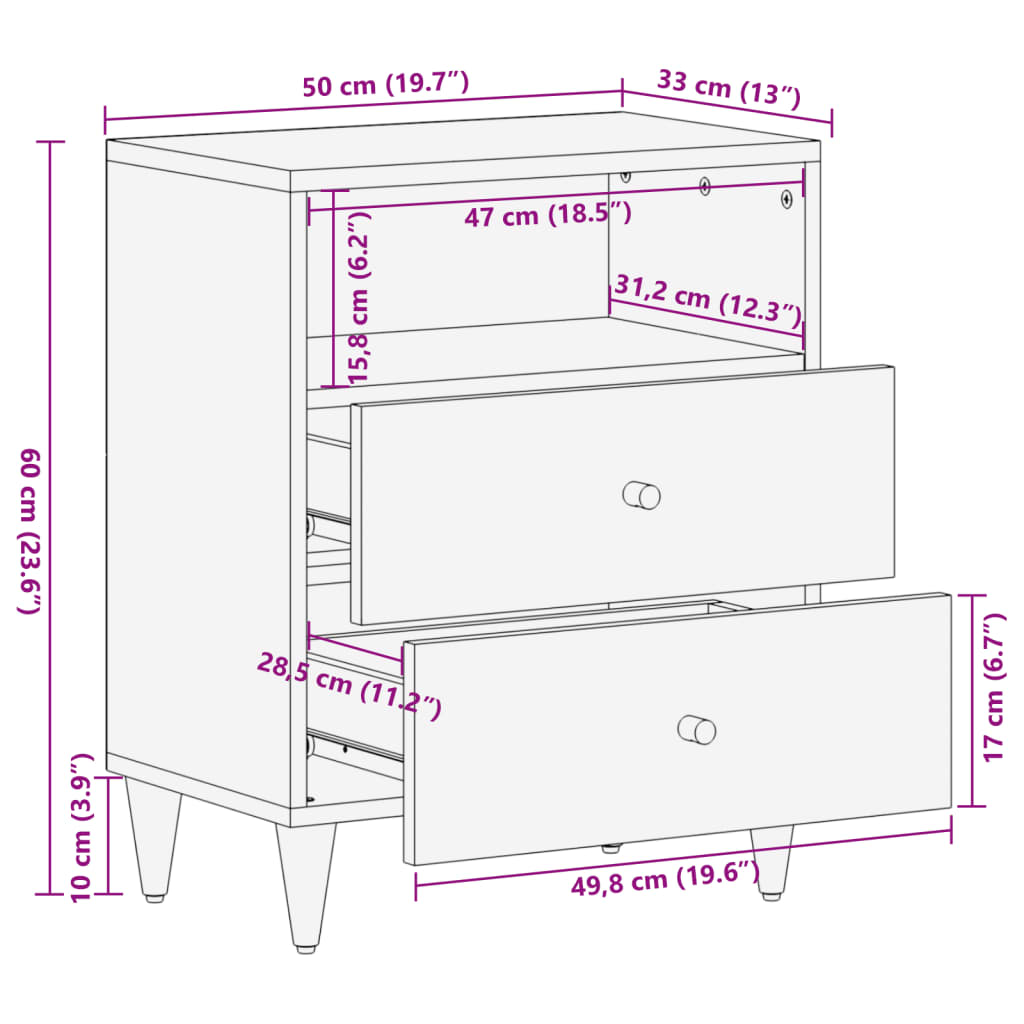 Table de chevet 50x33x60 cm bois de manguier massif