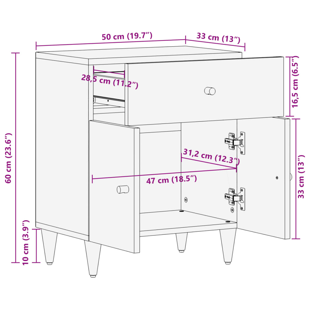 Table de chevet 50x33x60 cm bois de manguier massif