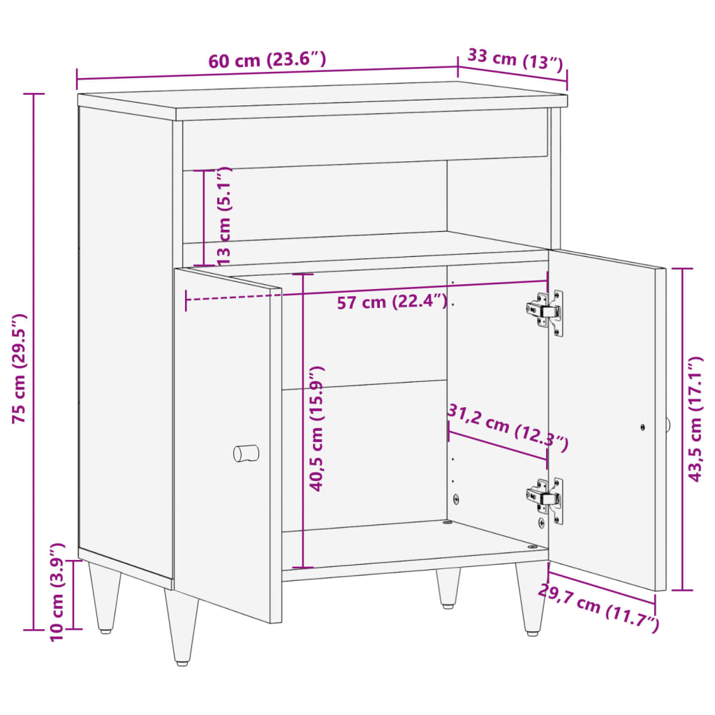 Armoire latérale 60x33x75 cm bois massif de manguier