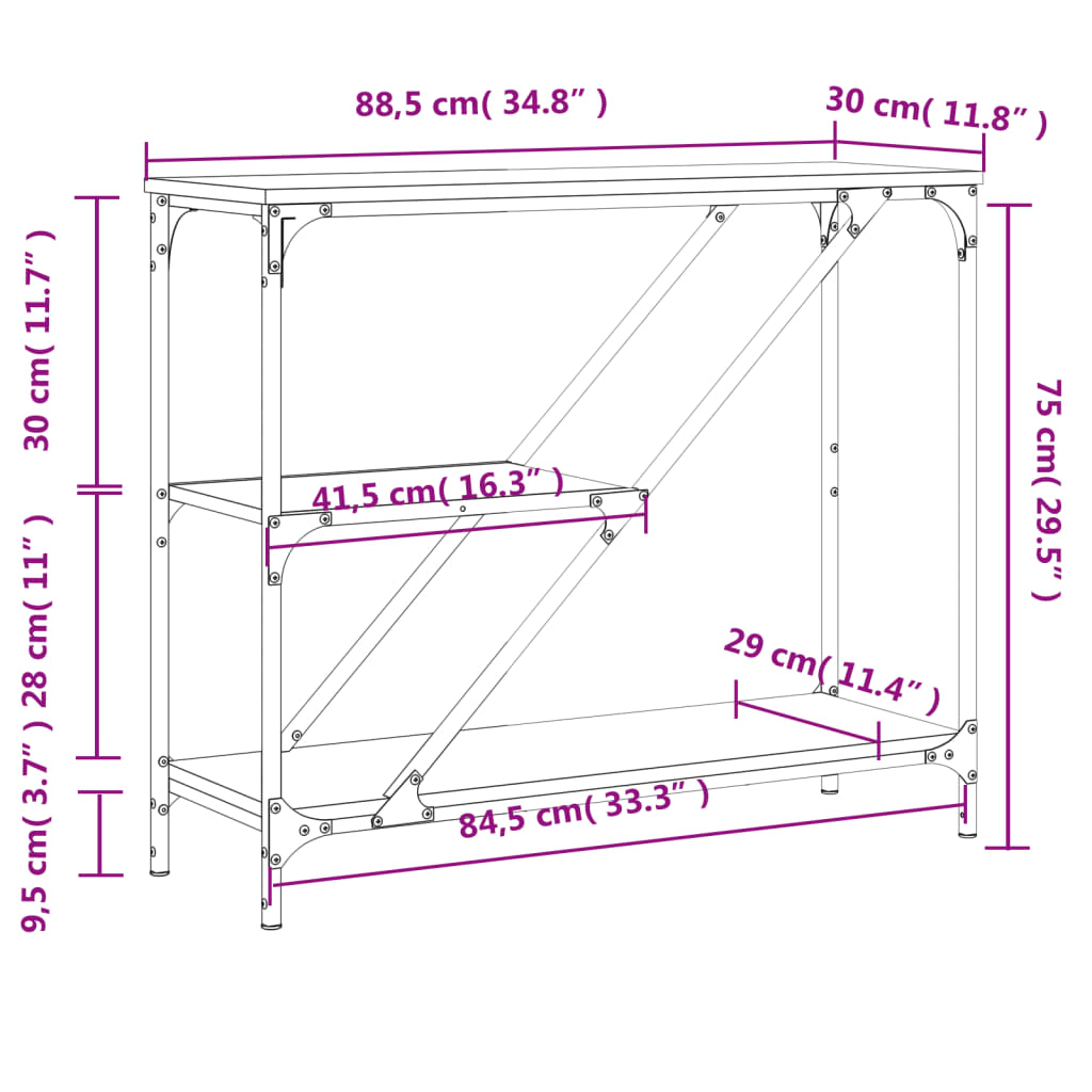 Table console chêne fumé 88,5x30x75 cm bois d'ingénierie